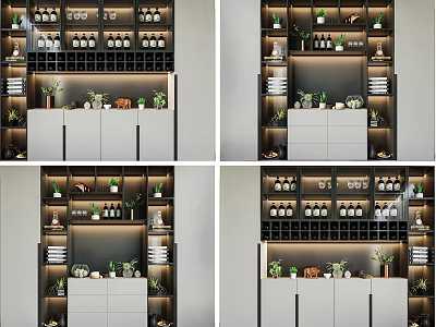 Modern Wine Cabinet With Multi tiered Shelves Green Plants And Storage Cabinets 3d model