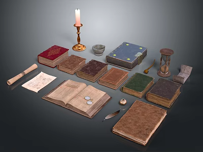 Vintage Leather Bound Books With Open Pages Feather Quill Inkwell Candle And Hourglass 3d model