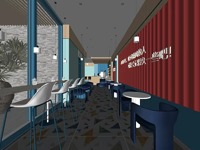 Modern Milk Tea Shop Interior With Red Decorative Wall Large Windows And Comfortable Seating 3d model