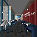 Modern Milk Tea Shop Interior With Red Decorative Wall Large Windows And Comfortable Seating