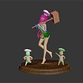 Game Movie Character in White Chef Hat Green Outfit Holding Wooden Hammer With Small Figures on Wooden Base