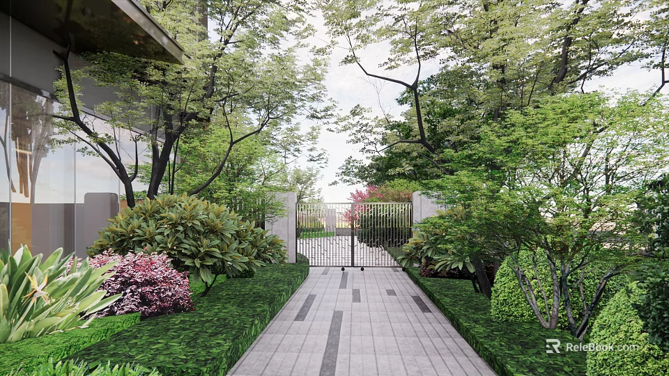 Garden Landscape With Paved Pathway Green Shrubs Pink Flowers Lawn And Iron Gate 3d model 