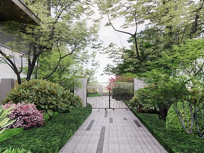 Garden Landscape With Paved Pathway Green Shrubs Pink Flowers Lawn And Iron Gate 3d model