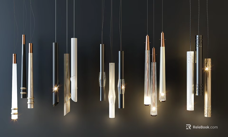 Stylish Pendant Lights Featuring Metal Glass Cylindrical Elongated Designs Illuminated For Modern Spaces 3d model 