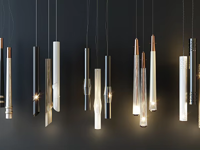 Stylish Pendant Lights Featuring Metal Glass Cylindrical Elongated Designs Illuminated For Modern Spaces 3d model
