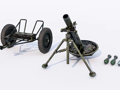 Military Artillery Weapons Including Mortar Wheeled Cannon And Ammunition Shells 3d model