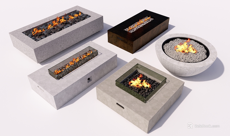 Stylish Outdoor Fire Pits In Various Shapes With Concrete Stone And Burning Flames 3d model 