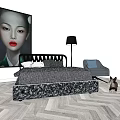 Modern Double Bed With Black Headboard Gray Bedding Floor Lamp Accent Chair And Wooden Floor