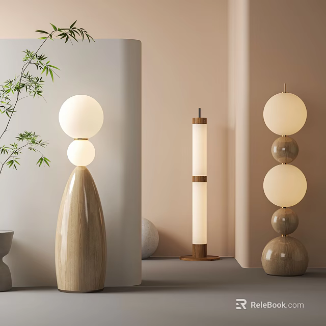 Stylish Modern Floor Lamps With Wooden Bases Spherical Shades And Cylindrical Bodies For Home Decor 3d model 