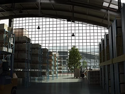Spacious Industrial Warehouse Interior With Large Grid Windows Metal Shelves And Central Tree 3d model