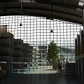 Spacious Industrial Warehouse Interior With Large Grid Windows Metal Shelves And Central Tree