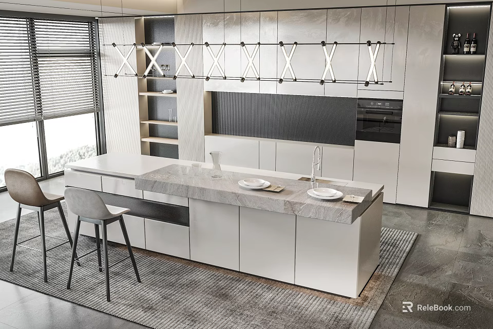Modern Restaurant Open Kitchen Interior With Marble Island Counter And Pendant Lights 3d model 