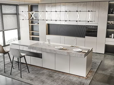 Modern Restaurant Open Kitchen Interior With Marble Island Counter And Pendant Lights 3d model