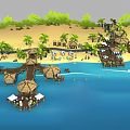 Cartoon Beach Scene With Palm Trees Thatched Huts Wooden Boardwalk Beach Chairs And Blue Water