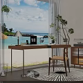 Home Office Interior With Ocean View Large Window Wooden Desk Laptop Green Plants