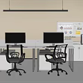 Modern Office Desk Setup With Dual Monitors Ergonomic Chairs Storage Cabinets And Whiteboard