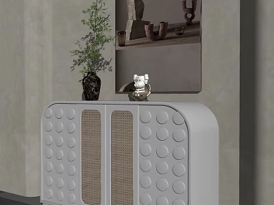 Modern Entryway Side Cabinet With Circular Patterns Rattan Doors And Potted Plant 3d model