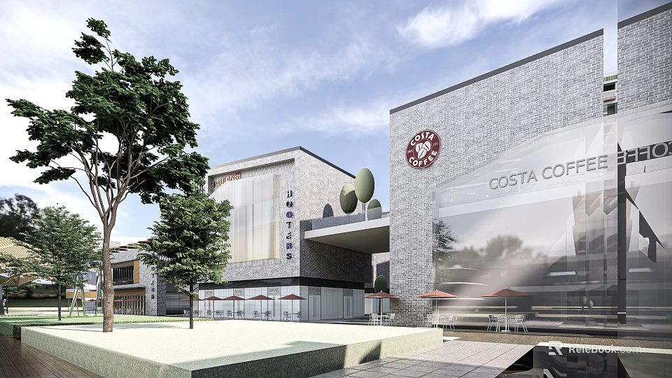 Modern Commercial Street with Starbucks Costa Coffee Modern Buildings Outdoor Seating and Trees 3d model 