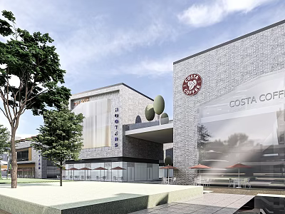 Modern Commercial Street with Starbucks Costa Coffee Modern Buildings Outdoor Seating and Trees 3d model