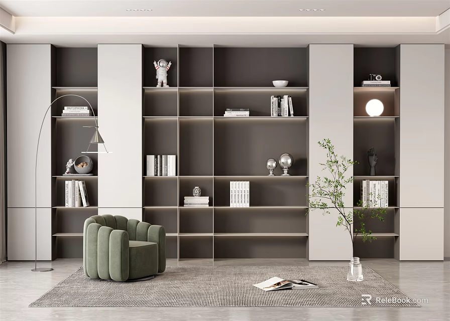 Elegant Modern Bookshelf Interior Design With Green Armchair Floor Lamp And Decorative Books 3d model 