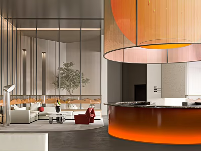 Modern Luxury Hotel Lobby Interior With Reception Desk Sofa Area Green Plant And Pendant Lighting 3d model