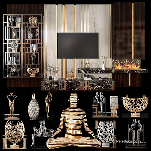 Luxury Modern TV Background Wall With Marble Design Gold Accents And Fireplace 3d model 
