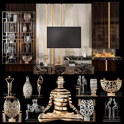 Luxury Modern TV Background Wall With Marble Design Gold Accents And Fireplace 3d model