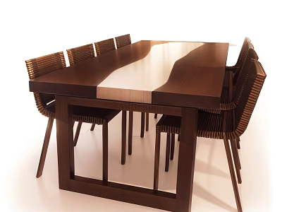 Modern Wooden Dining Table Set With Woven Chairs And Light Center Top 3d model