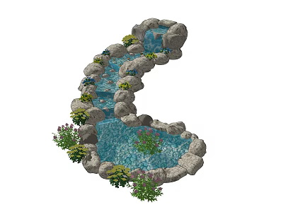 Garden Ornament Water Feature With Curved Stream Rock Edging And Lush Plants 3d model