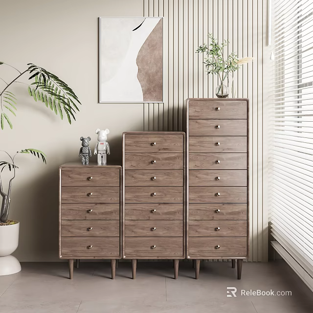 Three Modern Wooden Dressers with Drawers Potted Plant Decorative Painting Small Figurines Near Window Blinds 3d model 