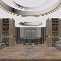 Elegant Restaurant Interior With Circular Ceiling Chandelier Sofa Area Dining Tables And Herringbone Flooring 3d model