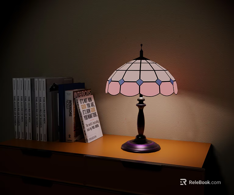 Stained Glass Table Lamp With Pink Blue Shade Black Base On Wooden Shelf With Books 3d model 