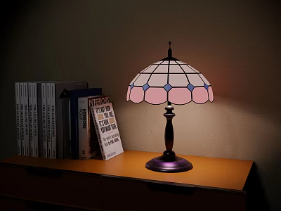 Stained Glass Table Lamp With Pink Blue Shade Black Base On Wooden Shelf With Books 3d model