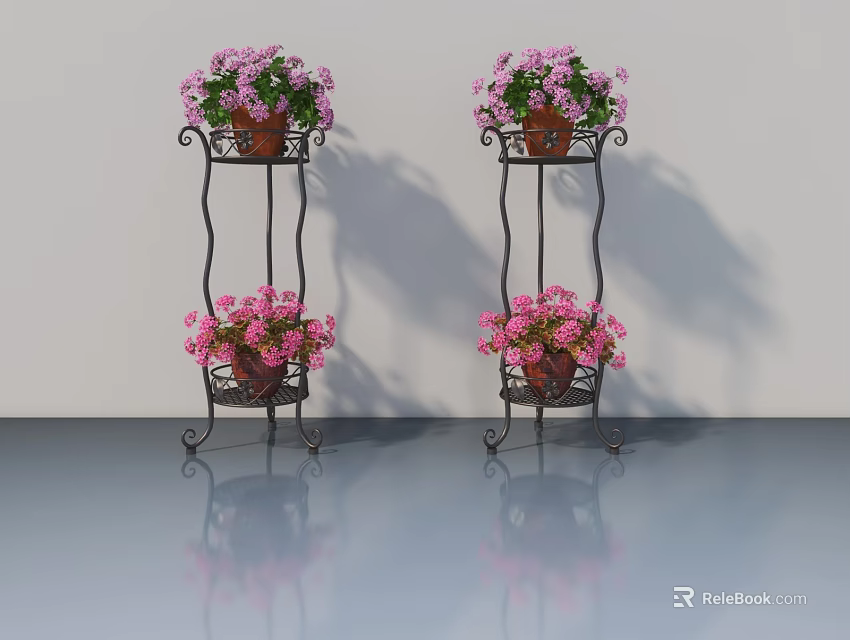 Black Metal Flower Stands With Pink And Purple Flowers On White Background Floor Reflections 3d model 