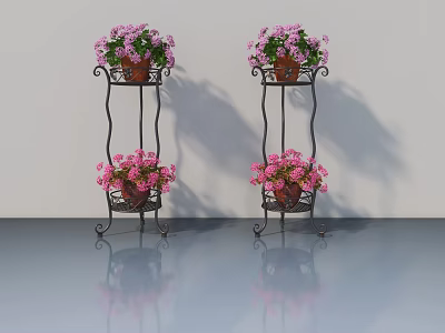 Black Metal Flower Stands With Pink And Purple Flowers On White Background Floor Reflections 3d model