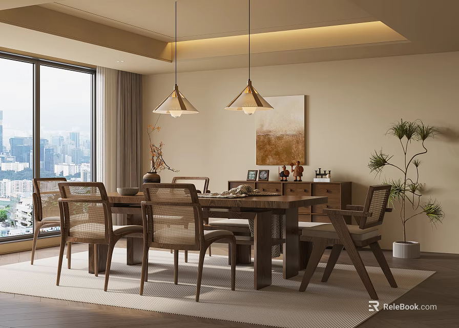 Modern Restaurant Interior With Wooden Dining Table Chairs City View Pendant Lights And Artwork 3d model 
