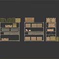 Scenic Landscape With Three Metal Shelves Holding Wooden Crates And Stacked Books