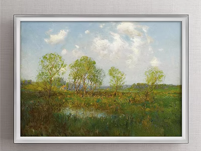 Pastoral Landscape Painting With Blue Sky White Clouds Green Trees Lush Grass And Small Pond 3d model