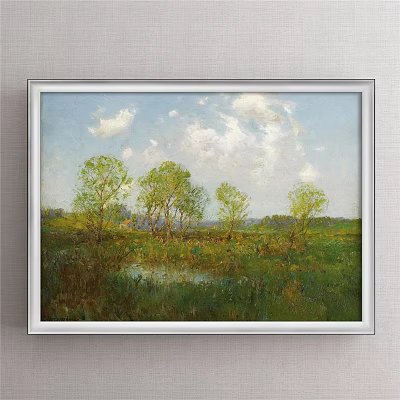 Pastoral Landscape Painting With Blue Sky White Clouds Green Trees Lush Grass And Small Pond 3d model