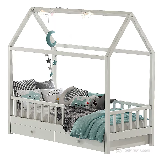 White House Shaped Kids Bed Featuring Moon Star Decor Drawers Pillows And Teddy Bear 3d model 
