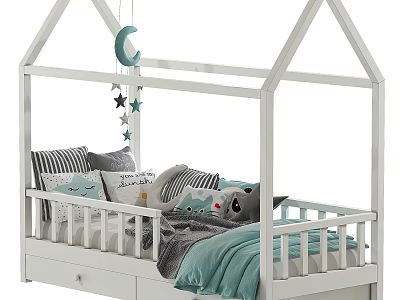 White House Shaped Kids Bed Featuring Moon Star Decor Drawers Pillows And Teddy Bear 3d model