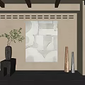 Abstract Painting On Beige Wall With Green Plant Vase And Decorative Pillars