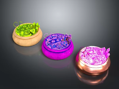 Colorful Decorative Bowls with Green Plant Purple and Pink Floral Elements on Dark Background 3d model