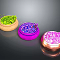 Colorful Decorative Bowls with Green Plant Purple and Pink Floral Elements on Dark Background