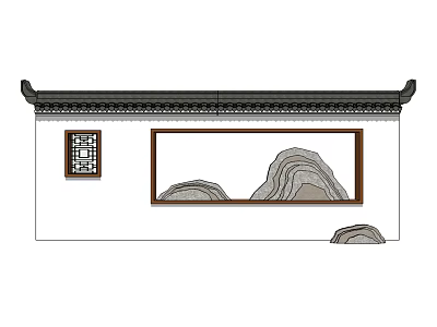 Traditional Chinese Scenic Wall With Eaves Lattice Window And Mountain Stone Design 3d model
