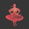 Woman in traditional folk costume with golden top dancing and spinning red black skirt