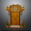 Traditional Chinese Wooden Door With Carved Patterns Ornate Top Lanterns Brick Walls And Decorative Plants