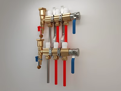 Wall Mounted Plumbing System With Golden Valves Red Gray Blue Pipes And Colored Handles 3d model