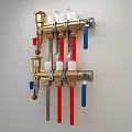 Wall Mounted Plumbing System With Golden Valves Red Gray Blue Pipes And Colored Handles