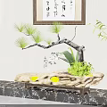 Traditional Chinese Pine Bonsai Plant Decor With Stone Base Orchid And Calligraphy Art
